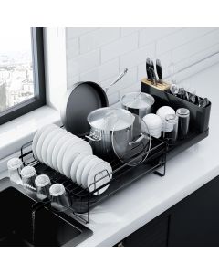 Kitsure Large Dish Drying Rack - Extendable Dish Rack, Multifunctional Dish Rack for Kitchen Counter, Anti-Rust Dish Drainers with Cutlery & Cup Holders 19.2"-26.7" L x 12.9" W, Black